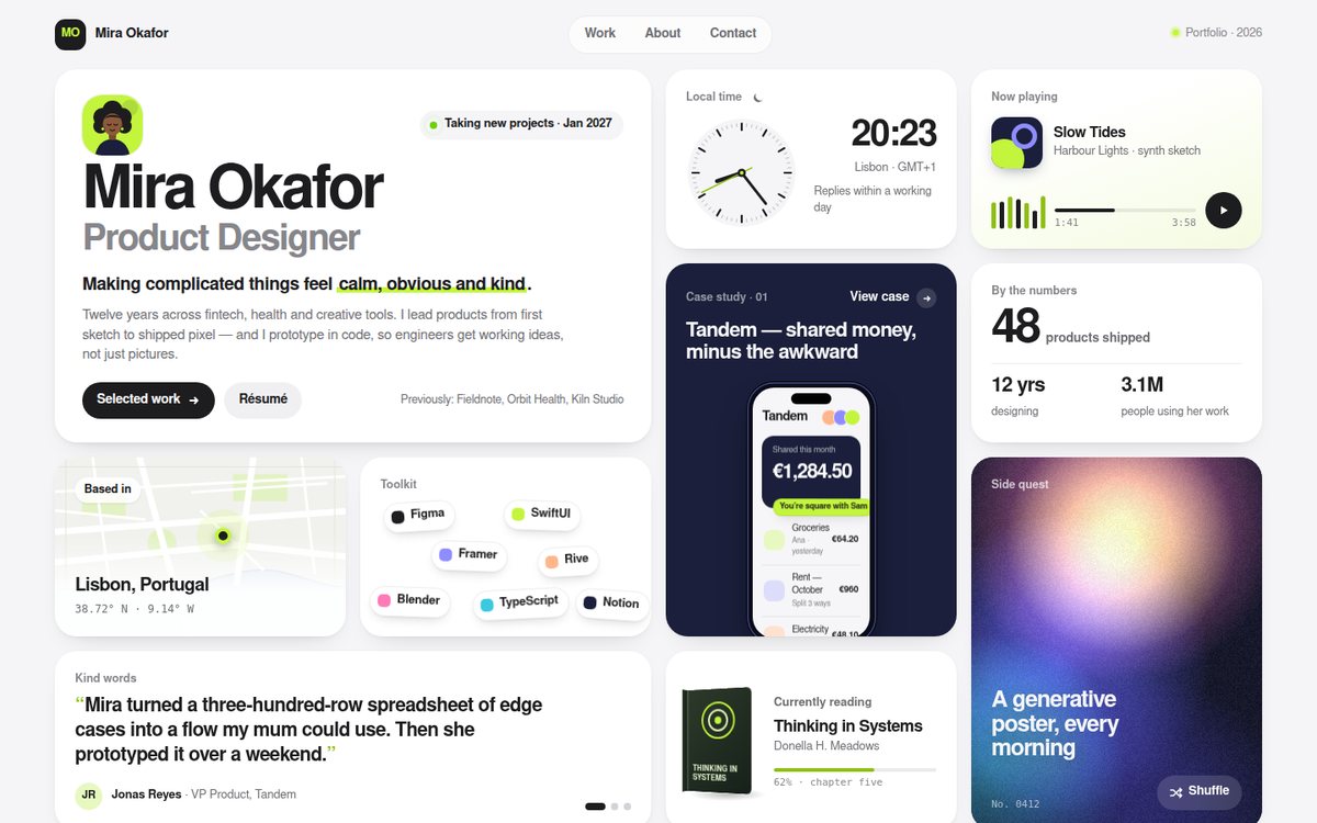 Vista previa de Mira Okafor — Bento Portfolio